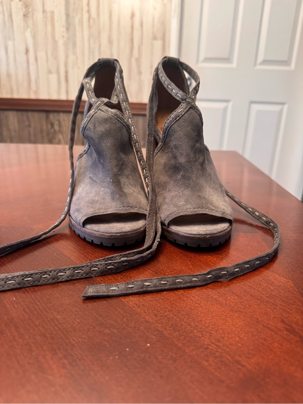Frye Gray Suede Open-Toe Lace-Up Heels